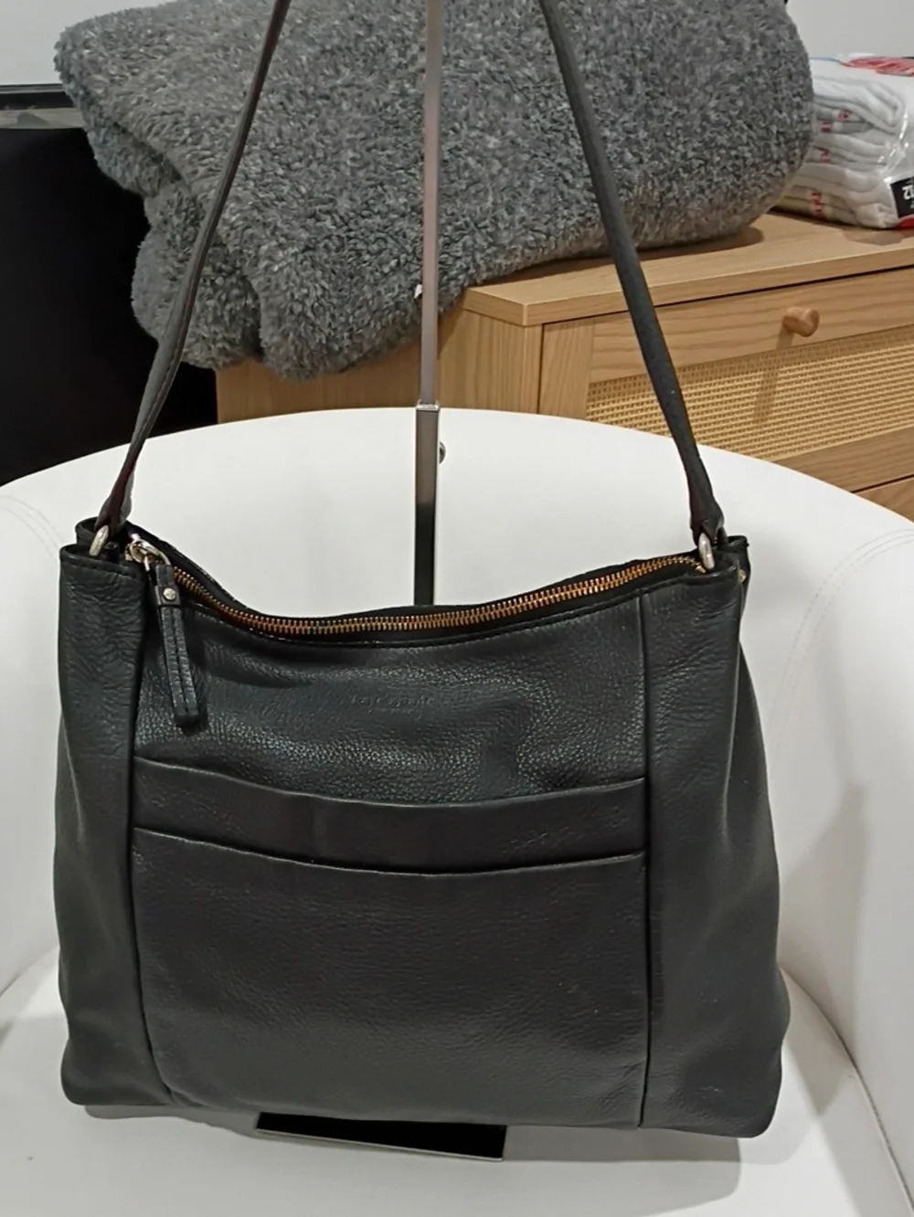 kate spade Black Pebbled Leather Shoulder Tote with Front Slip Pocket